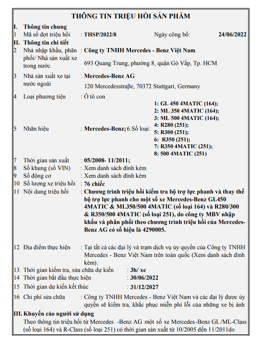 Triệu hồi hàng loạt SUV của Mercedes ở Việt Nam do lỗi trợ lực phanh - Ảnh 1.