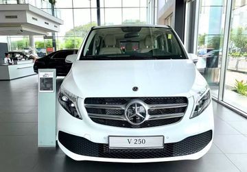 Mặt ca lăng Mercedes V250 Luxury 2024 với cấu trúc nan kép mạ crom sáng bóng, bao bọc biểu tượng ngôi sao ba cánh