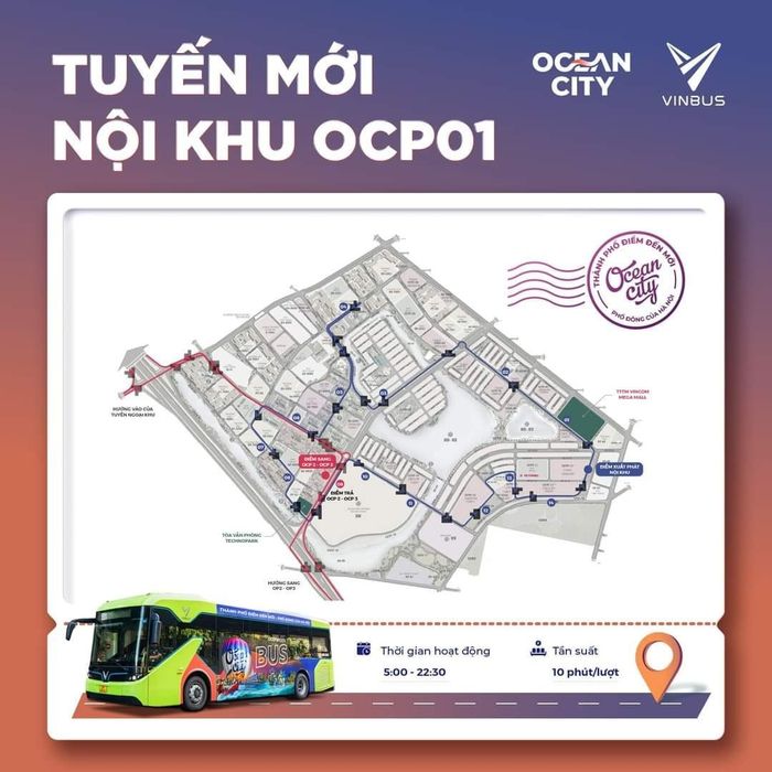 Lộ trình di chuyển của các tuyến xe VinBus trong khu nội khu OCP01 tới Grand World Hà Nội