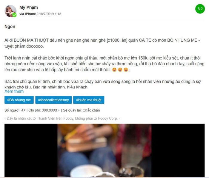 Vị đậm đà của món bò nhúng me tại quán Cà Te số 5