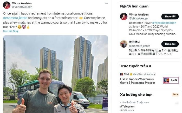Victor Axelsen đứng cùng khung ảnh, biểu đạt lòng biết ơn đặc biệt đến Kento Momota 452778