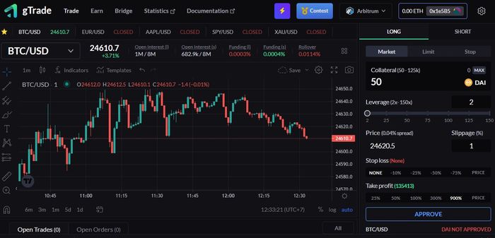 Giao diện giao dịch của Mạng Gains