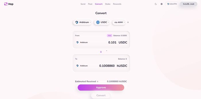 Chuyển đổi USDC trên Hop exchange