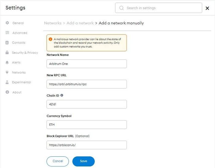 Cài đặt Mạng lưới Aribtrum One trên MetaMask