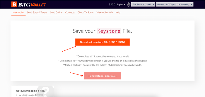 Chọn Tải Xuống Tệp Keystore (UTC / JSON), sau đó chọn 'Tiếp Tục'