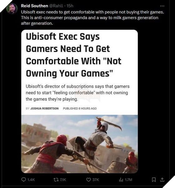 Ubisoft khiến cộng đồng mạng phẫn nộ với quan điểm nên làm quen với việc đăng ký hàng tháng thay vì sở hữu game