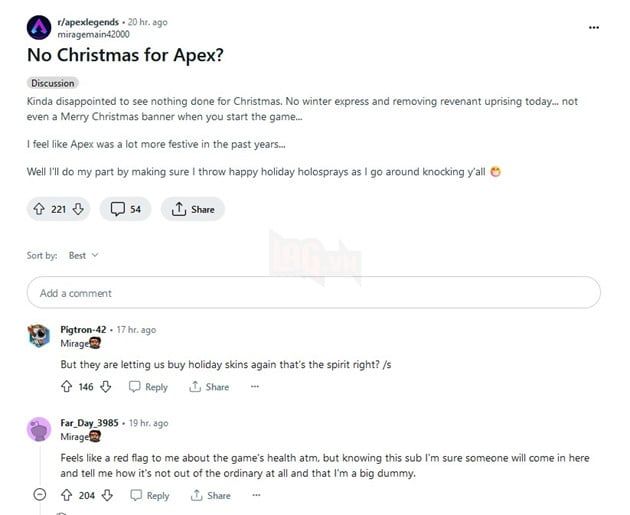 Cộng đồng game thủ đang cảm thấy thất vọng với 'trò chơi chết tiệt' Apex Legends khi không có sự kiện Giáng Sinh năm 2023