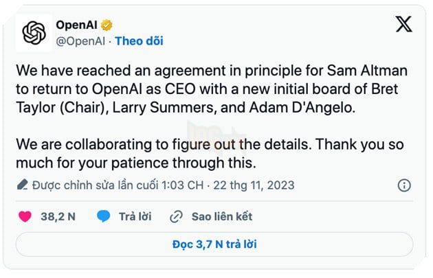 Sam Altman tái xuất vị trí CEO của OpenAI sau 4 ngày bị sa thải