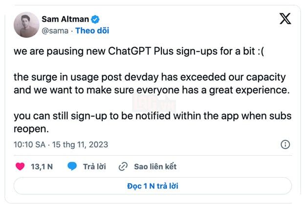 OpenAI tạm ngừng đăng ký ChatGPT Plus do số lượng người dùng quá tải.