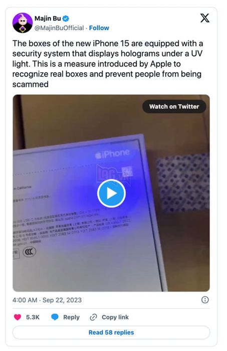 Hộp iPhone 15 dán nhãn UV QR giúp người dùng kiểm tra hàng thật và hàng giả