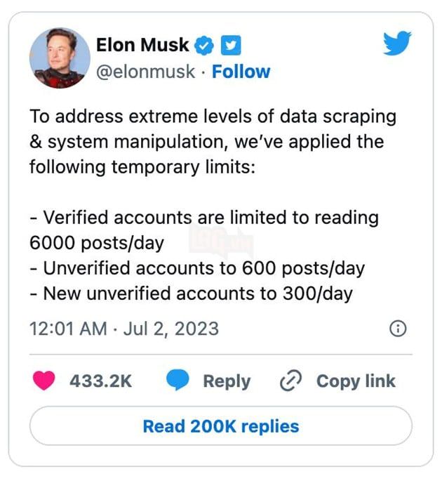 Elon Musk hạn chế số lượng tweet đọc mỗi ngày để ngăn chặn việc thu thập dữ liệu đào tạo AI