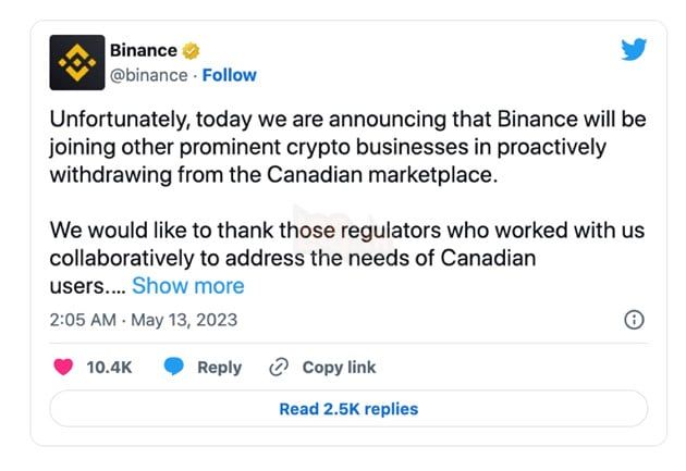 Binance tạm ngừng hoạt động tại Canada do sự điều chỉnh mới về tiền số