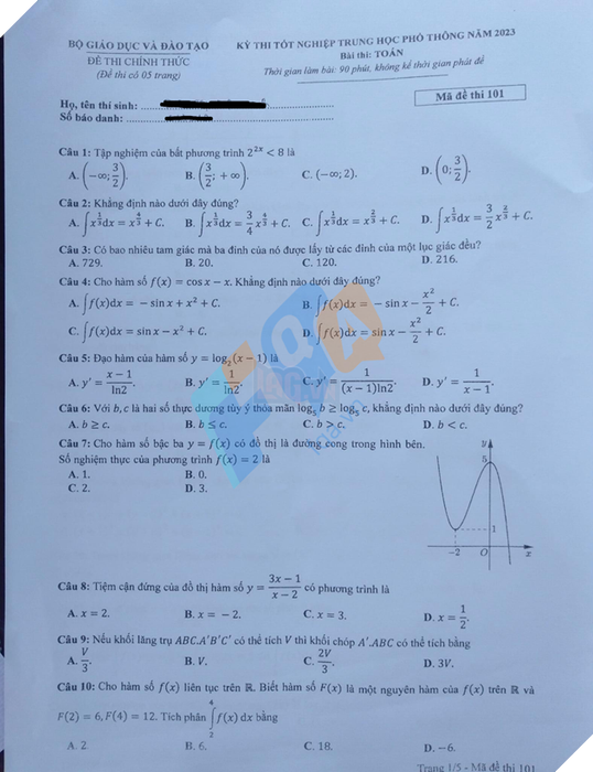 Bài thi và đáp án môn Toán trong Kỳ thi THPT Quốc gia năm 2023