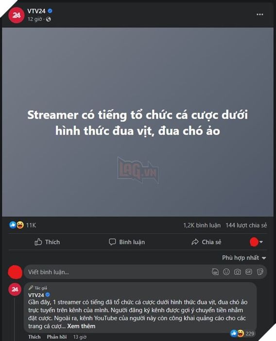 VTV đưa tin bất ngờ về một streamer nam nổi tiếng tổ chức đánh bạc