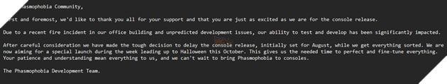 Game săn ma Phasmophobia phải hoãn việc ra mắt trên console vì bị 'bà hỏa' ghé thăm.