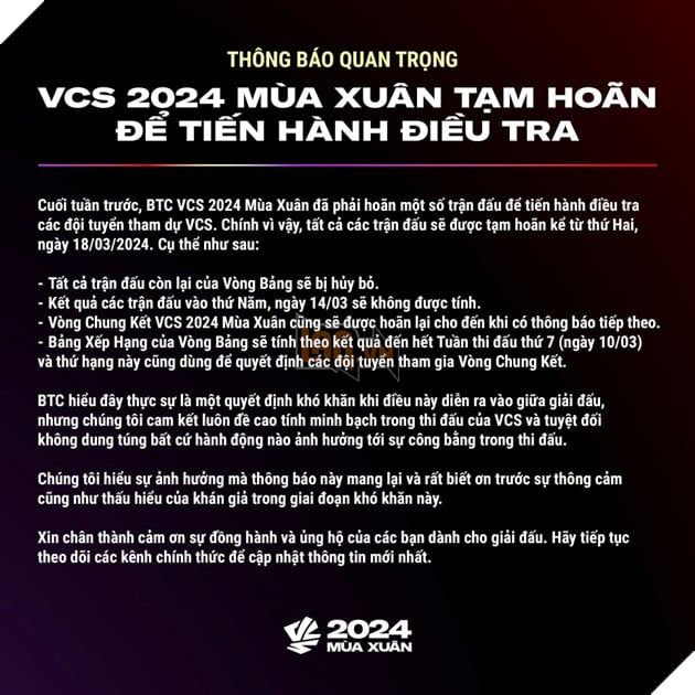 VCS Chính Thức Công Bố Về Nghi Vấn Tiêu Cực Trong Giải Đấu Mùa Xuân 2024