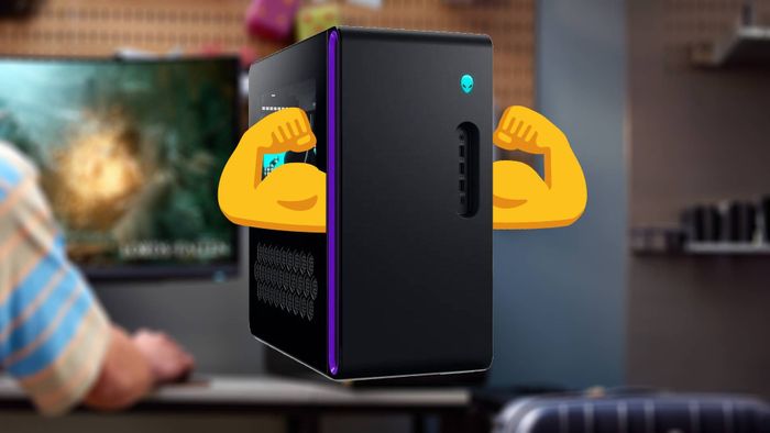 PC Gaming Alienware Aurora R16 với cánh emoji và phông nền mờ