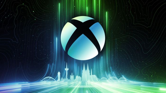 Logo Xbox Gamescom 2023 với hình ảnh đặc trưng của một đường phố đô thị trong màu xanh lá cây