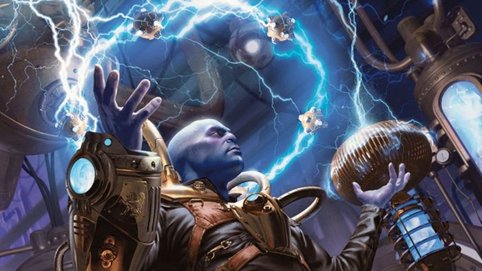 Một Artificer trong DnD giơ tay khi các thiết bị xung quanh tạo ra điện