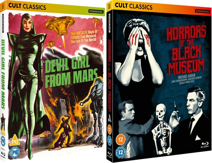 Các bìa của các đĩa Blu-ray Devil Girl From Mars và Horrors Of The Black Museum.