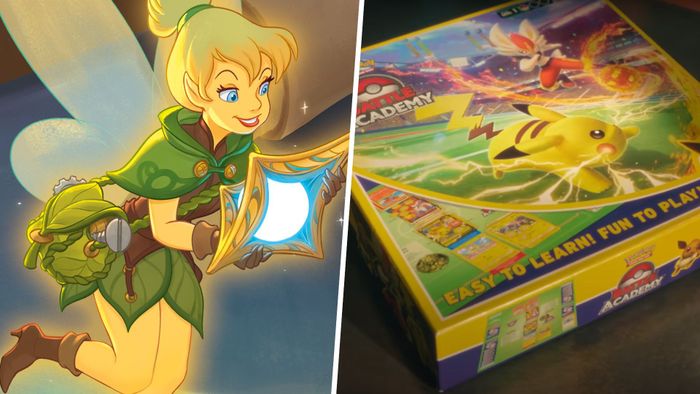 Tinkerbell từ Disney Lorcana cầm một vật sáng rực, bên cạnh hộp Pokémon Battle Academy