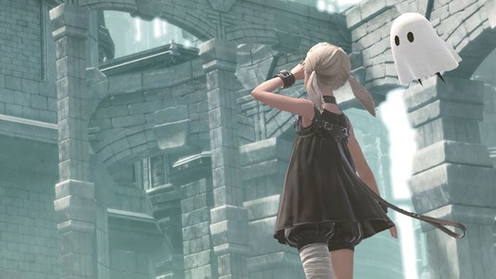 Một cô bé trẻ và một hồn ma nhỏ trong Nier Reincarnation