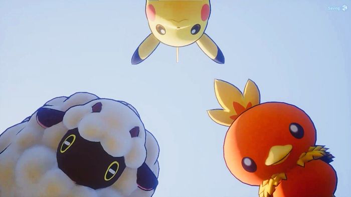 Một Pikachu, Wooloo và Torchic nhìn qua một huấn luyện viên đang nằm trên mặt đất trong mod Pokemon của Palworld