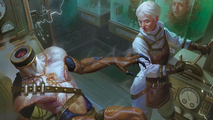 Một Artificer trong DnD đang làm điện cho một con golem được ghép nối trên bàn mổ.