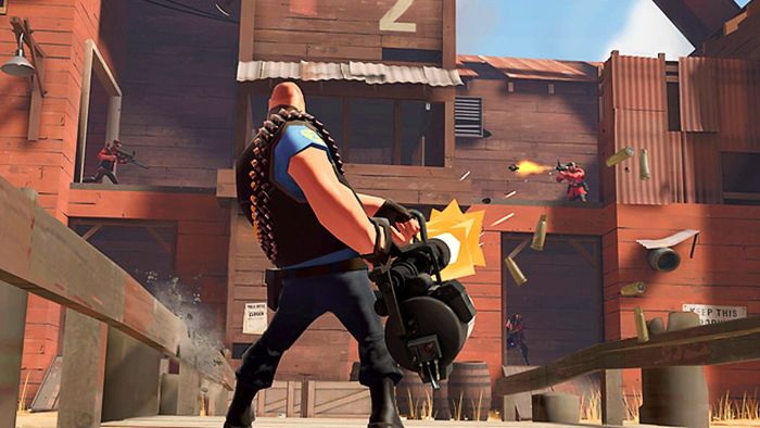 Một người chơi Team Fortress 2 sử dụng súng máy chống lại kẻ thù