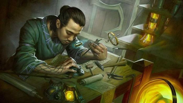 Một Artificer trong DnD ngồi tại một bàn đầy giấy da và những phát minh, cúi đầu trên công việc của mình.