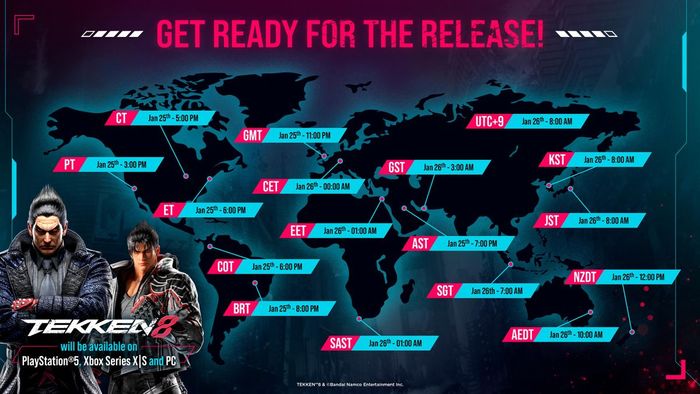Thông tin về thời gian phát hành Tekken 8 được bố trí trên một biểu đồ của thế giới
