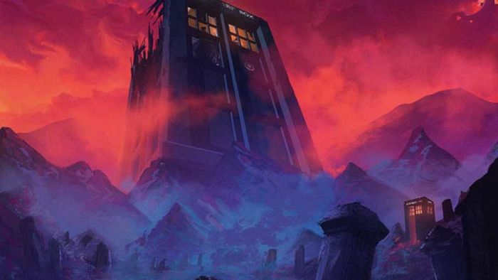 Thẻ Lăng Mộ của Bác Sĩ từ bộ bài Commander Masters of Evil MTG Doctor Who, hiển thị một Tardis khổng lồ đứng trên cảnh quan