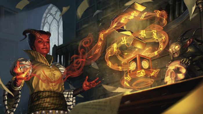 Warlock DnD sử dụng một hộp ma thuật trong khi một con quỷ nhìn từ sau một cái sọ