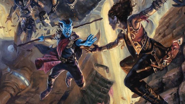Một DnD Warlock nhảy từ mái nhà qua một con hẻm, với tay vươn ra để chạm vào tay của một người ở bên kia