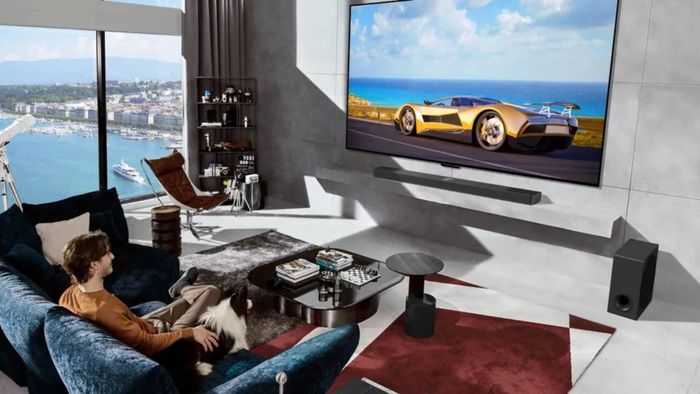 Người đàn ông xem TV LG OLED M4 bên cạnh chó