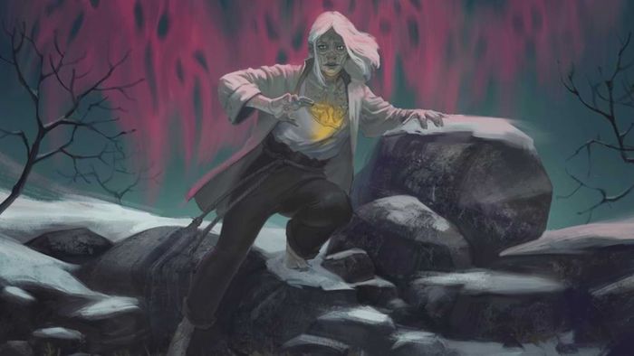 Một DnD Warlock bò qua những tảng đá phủ tuyết, ngực họ tỏa sáng với năng lượng necromantic
