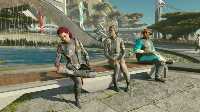 Người chơi trong Starfield ngồi trên ghế New Atlantis với NPC nhìn họ một cách rất chăm chú
