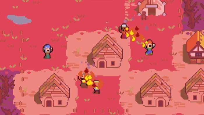 Người pixel chạy quanh một ngôi làng đang cháy trong một bức ảnh chụp màn hình từ Dotage