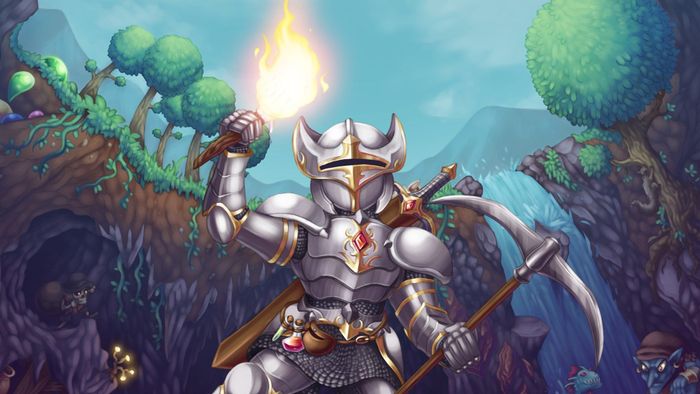 Một nhân vật trong Terraria mặc bộ giáp và cầm một cây đuốc