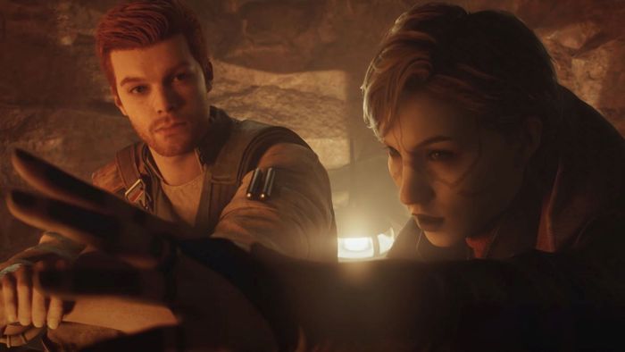 Ảnh chụp màn hình Star Wars Jedi: Survivor trên PS5, trong đó Cal Kestis đang trò chuyện với Merrin