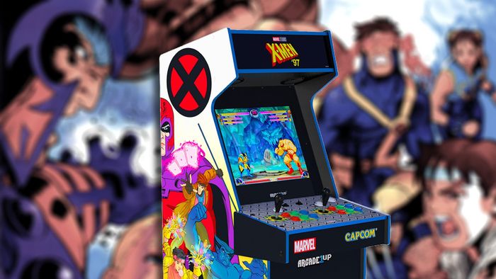 Bộ máy arcade1up X-Men với hình ảnh chính X-Men vs Street Fighter ở phía sau