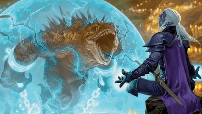 Một Warlock DnD thiền đứng trước một rào cản ma thuật chứa một con quái vật giống ếch