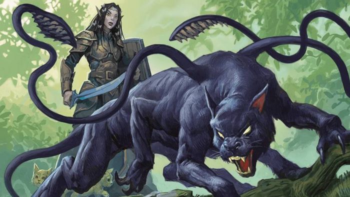 DnD Ranger đứng sau một Con Quái Vật Displacer đang gầm gừ