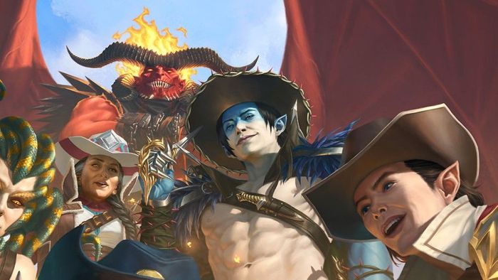 Ảnh quảng bá cho MTG Outlaws of Thunder Junction. Tâm điểm của bức hình là Oko, một người đàn ông trắng, cơ bắp với bộ ngực trần.
