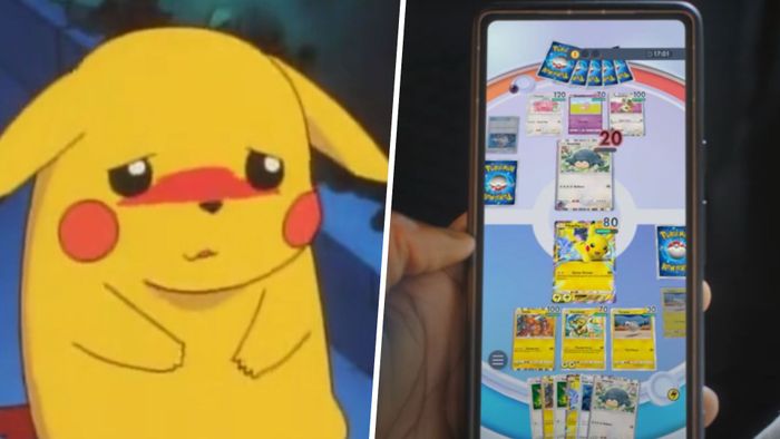 Pikachu trông ngượng ngùng bên cạnh một chiếc điện thoại hiển thị các thẻ Pokemon