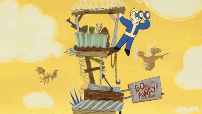 Vault Boy nhìn ra từ một tháp canh bằng kính viễn vọng, với bầu trời màu vàng phía sau