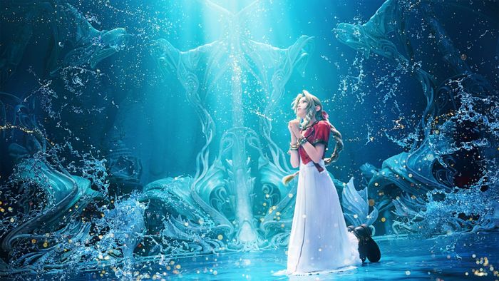 Trong Final Fantasy 7 Rebirth, Aerith cầu nguyện trước một phông nền nước