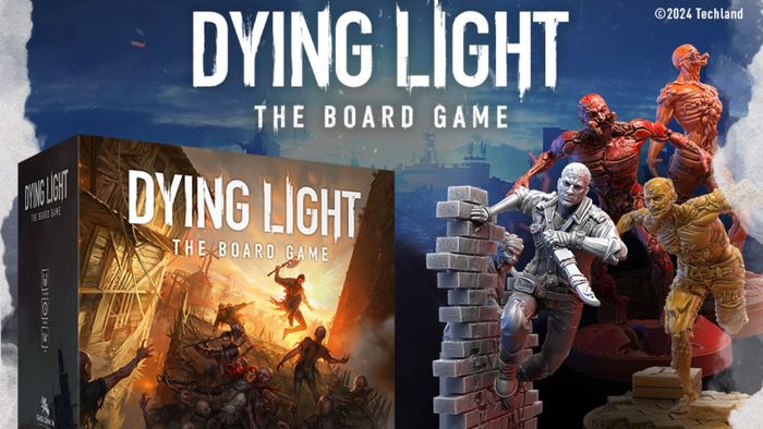 Hình ảnh quảng cáo của Dying Light the Board Game hiển thị hộp trò chơi và một số miniatures