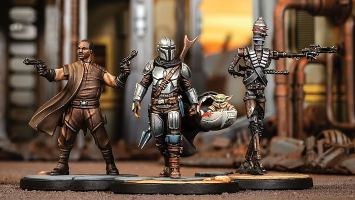 Các mô hình của Mandalorian, Grogu, Greef Karga và IG-11 trên chiến trường Star Wars: Shatterpoint