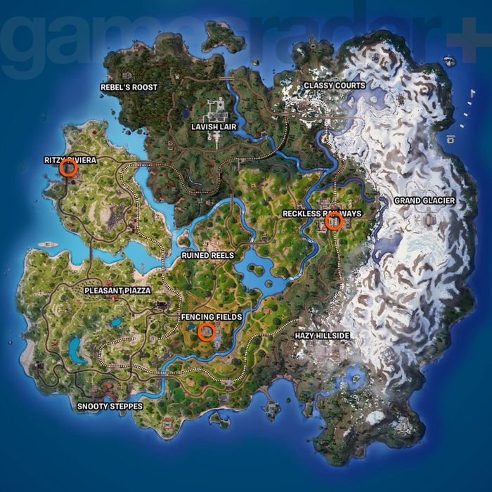 Vị trí của những holo-posters tuyển chọn của Fortnite Foot Clan trên bản đồ